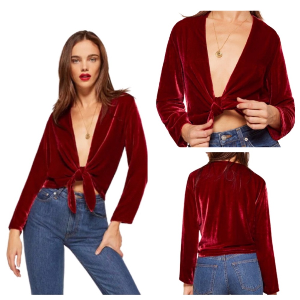 Reformation Fez Red Velvet Top/Wrap Long Sleeve Center Front Tie Size Large